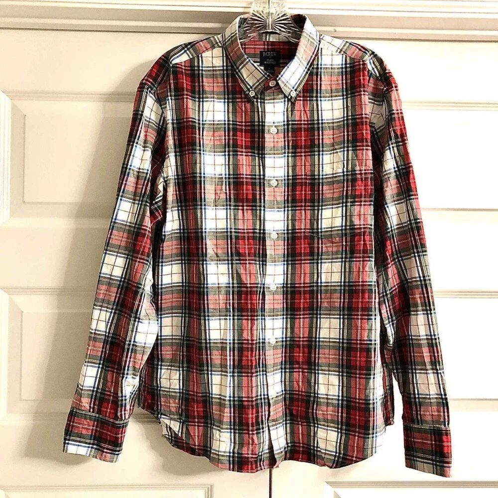 J. CREW Red Madras Plaid Slim Untucked Flex Washed Button Down Shirt L
